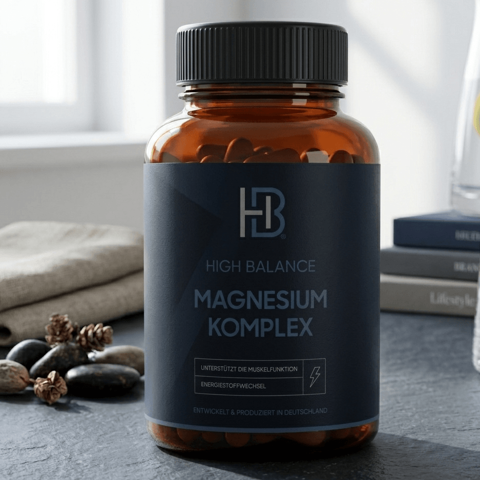 Magnesium Komplex Flasche mit Kapseln und frischen Heidelbeeren auf natürlichem Hintergrund